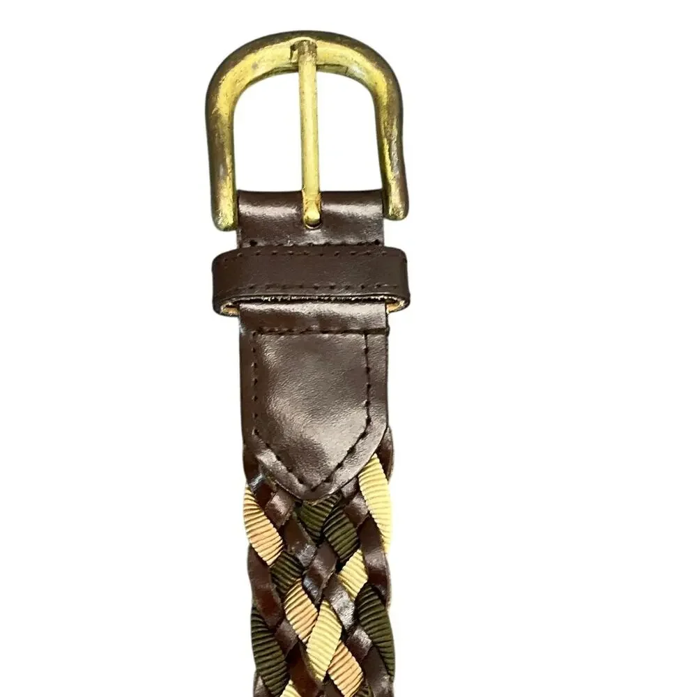 Brown Tan Cream Genuine Leather Woven Braided Belt Women Medium 32” - 37”